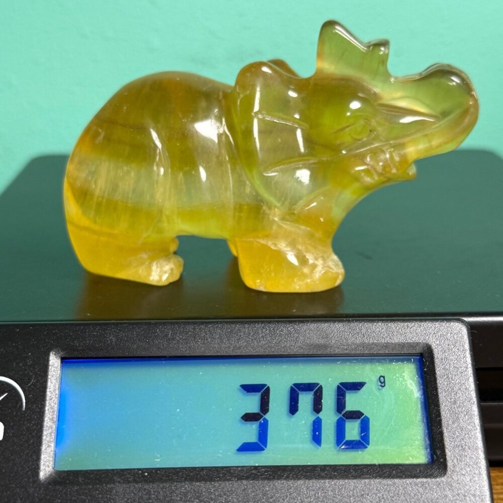 Natural Yellow Fluorite Elephant Hand Carved UVs Stone Trunk Up 4" 376g - Picture 10 of 11